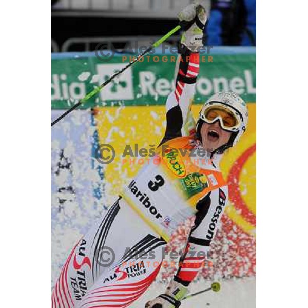 Elisabeth Goergl celebrates victory at 44.Golden Fox Audi FIS Alpine Ski World Cup Giant Slalom in Maribor11.1.2007. Photo by Ales Fevzer 