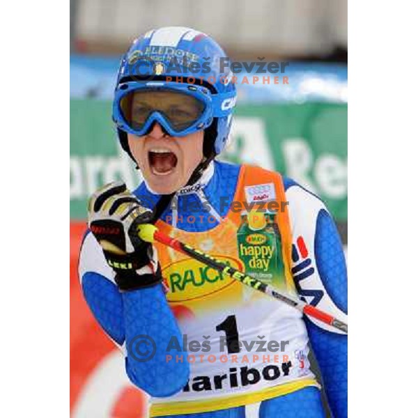 Manuela Moelgg celebrates second place at 44.Golden Fox Audi FIS Alpine Ski World Cup Giant Slalom in Maribor11.1.2007. Photo by Ales Fevzer 