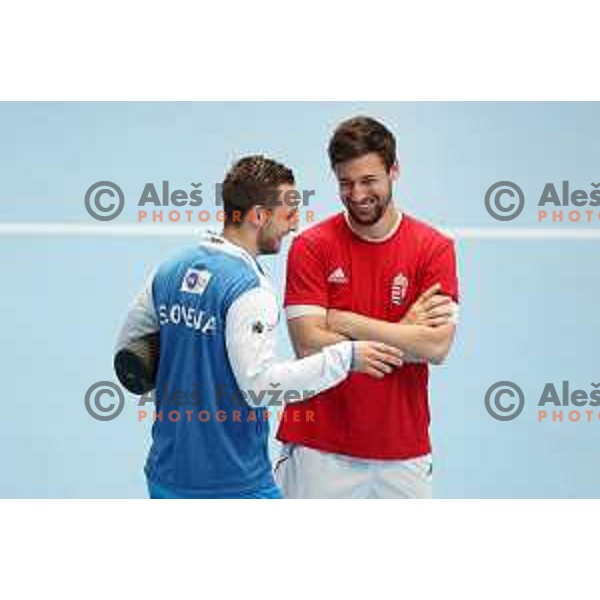 Gasper Marguc (SLO) talks to Mate Lekai (HUN) before Qualification handball match for World Championship 2019 between Slovenia and Hungary in Bonifika hall, Koper, Slovenia on June 9, 2018