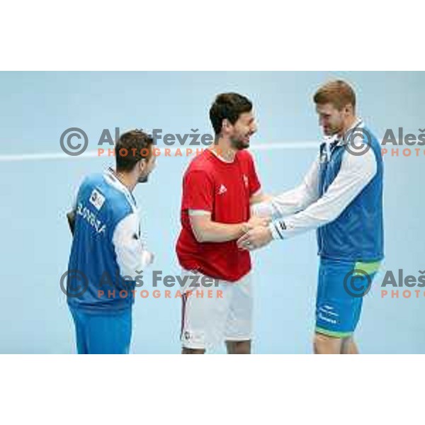 Gasper Marguc and Blaz Blagotinsek (SLO) talks to Mate Lekai (HUN) before Qualification handball match for World Championship 2019 between Slovenia and Hungary in Bonifika hall, Koper, Slovenia on June 9, 2018