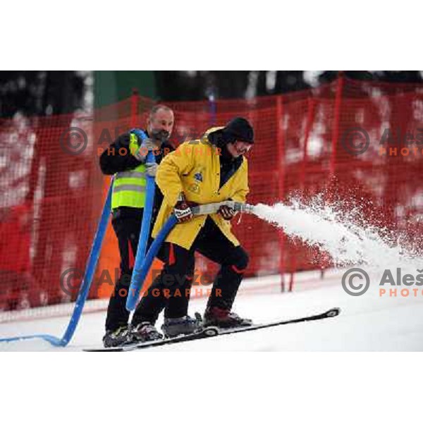Water preparation of the course before first run of 44.Golden Fox Audi FIS Alpine Ski World Cup Slalom in Maribor13.1.2007. Photo by Ales Fevzer 