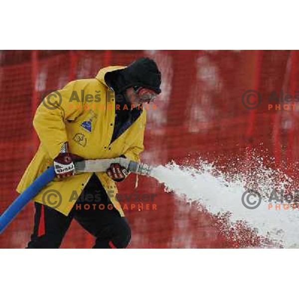 Preparation of the course with water before first run of 44.Golden Fox Audi FIS Alpine Ski World Cup Slalom in Maribor13.1.2007. Photo by Ales Fevzer 