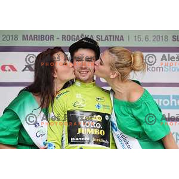 Primoz Roglic (Lotto Jumbo NL), winner of fourth stage of 25th Tour of Slovenia cycling race between Ljubljana and Kamnik (155 km) also took overall lead and Green Jersey in Slovenia on June 16, 2018