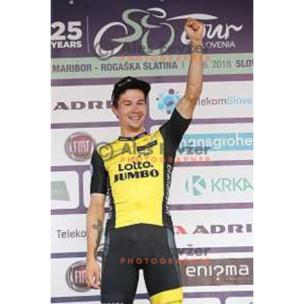 Primoz Roglic (Lotto Jumbo NL), winner of fourth stage of 25th Tour of Slovenia cycling race between Ljubljana and Kamnik (155 km) also took overall lead and Green Jersey in Slovenia on June 16, 2018