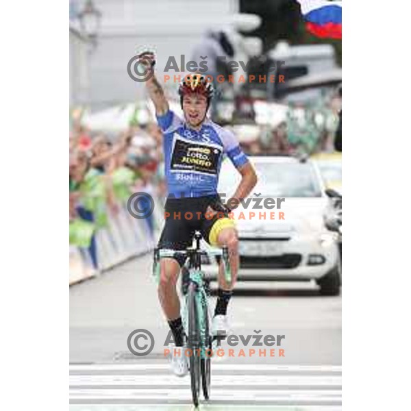 Primoz Roglic (Lotto Jumbo NL), winner of fourth stage of 25th Tour of Slovenia cycling race between Ljubljana and Kamnik (155 km) also took overall lead and Green Jersey in Slovenia on June 16, 2018