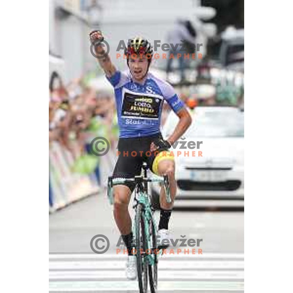 Primoz Roglic (Lotto Jumbo NL), winner of fourth stage of 25th Tour of Slovenia cycling race between Ljubljana and Kamnik (155 km) also took overall lead and Green Jersey in Slovenia on June 16, 2018