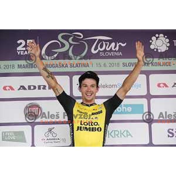 Primoz Roglic (Lotto Jumbo NL), winner of fourth stage of 25th Tour of Slovenia cycling race between Ljubljana and Kamnik (155 km) also took overall lead and Green Jersey in Slovenia on June 16, 2018