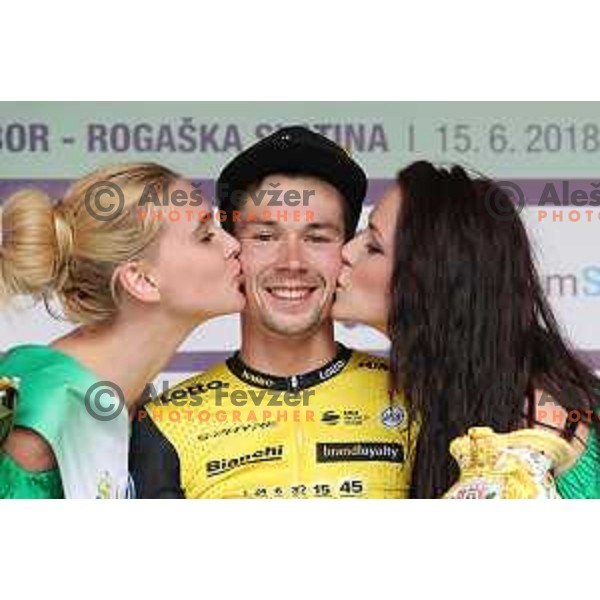 Primoz Roglic (Lotto Jumbo NL), winner of fourth stage of 25th Tour of Slovenia cycling race between Ljubljana and Kamnik (155 km) also took overall lead and Green Jersey in Slovenia on June 16, 2018