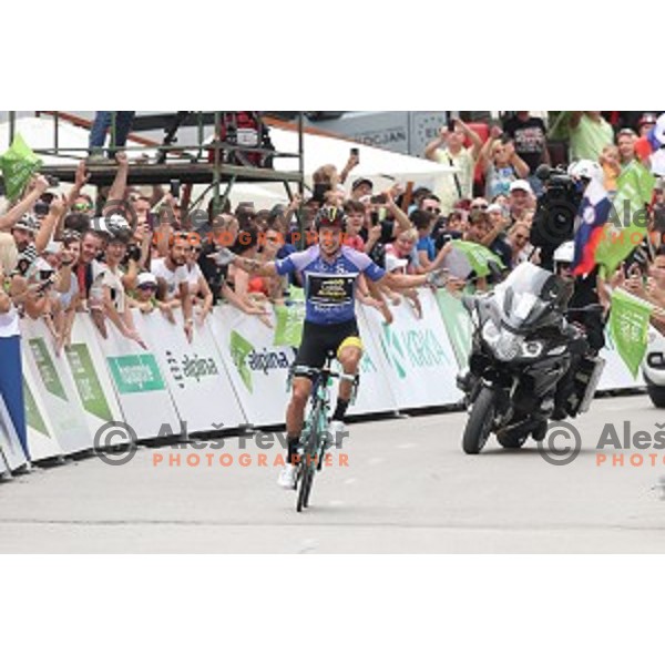 Primoz Roglic (Lotto Jumbo NL), winner of fourth stage of 25th Tour of Slovenia cycling race between Ljubljana and Kamnik (155 km) also took overall lead and Green Jersey in Slovenia on June 16, 2018