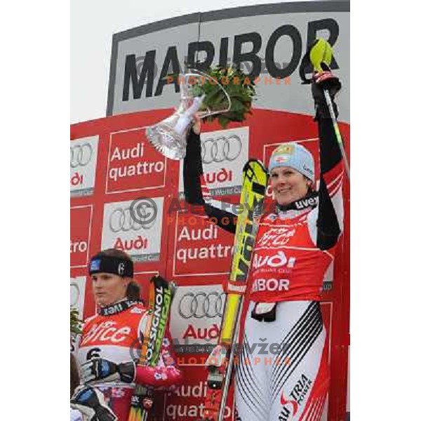 Nicole Hosp (winner) and Veronika Zuzulova at podium after second run of 44.Golden Fox Audi FIS Alpine Ski World Cup Slalom in Maribor13.1.2007. Photo by Ales Fevzer 