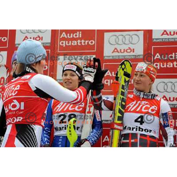 Hosp and Poutiainen after second run of 44.Golden Fox Audi FIS Alpine Ski World Cup Slalom in Maribor13.1.2007. Photo by Ales Fevzer 