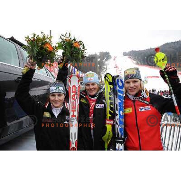 Goergl, Hosp and Schild after second run of 44.Golden Fox Audi FIS Alpine Ski World Cup Slalom in Maribor13.1.2007. Photo by Ales Fevzer 