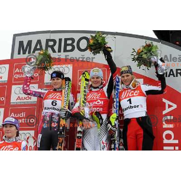 Zuzulova, Hosp and Schild after second run of 44.Golden Fox Audi FIS Alpine Ski World Cup Slalom in Maribor13.1.2007. Photo by Ales Fevzer 