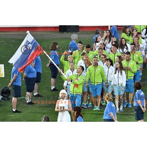 Saso Bertoncelj, flag bearer of Slovenia team during Opening Ceremony of Tarragona 2018 Mediteranean Games, Spain on June 22, 2018