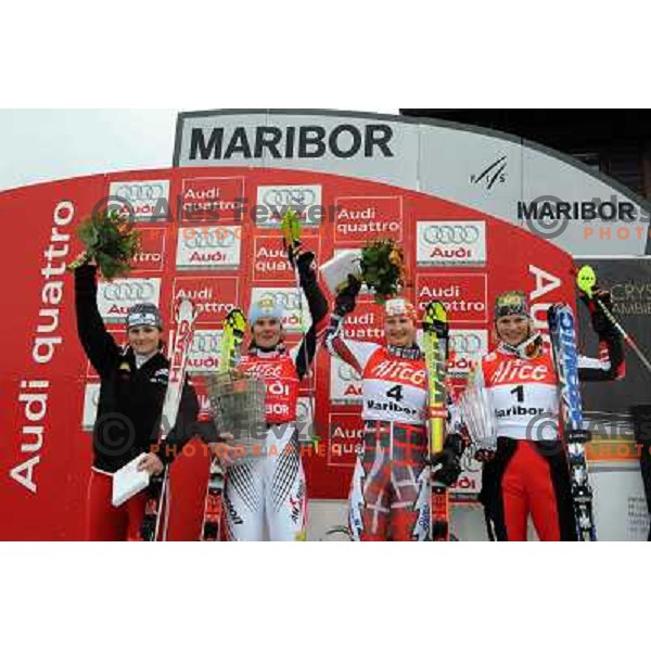 Goergl, Hosp (winner) Schild and Poutiainen with trophies at 44.Golden Fox Audi FIS Alpine Ski World Cup Slalom in Maribor13.1.2007. Photo by Ales Fevzer 