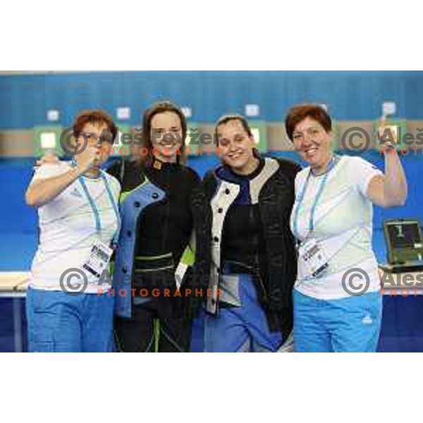 Coach Polonca Sladic, Ziva Dvorsak of Slovenia, bronze medalist at air rifle shooting, Urska Kuharic and Andreja Vlahduring second day of 18. Mediteranean Games Tarragona 2018 (Sredozemske Igre) in Spain on June 24, 2018