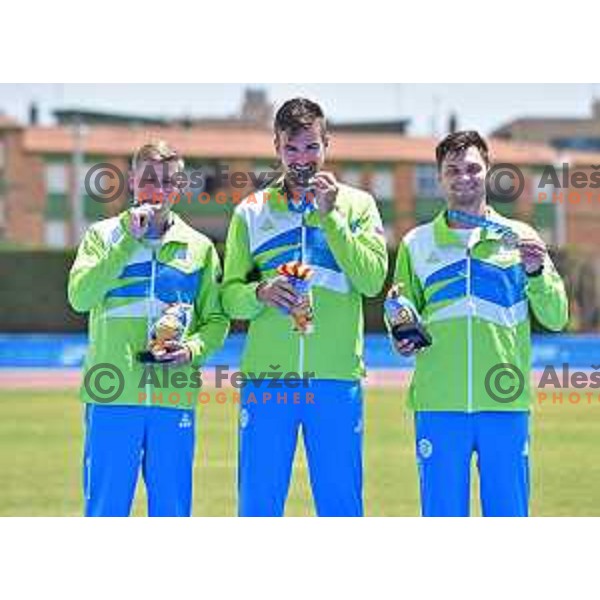 Den Habjan Malavasic, Gasper Strajhar and Rok Bizjak of Slovenia, silver medalists in Archery team event during second day of 18. Mediteranean Games Tarragona 2018 (Sredozemske Igre) in Spain on June 24, 2018