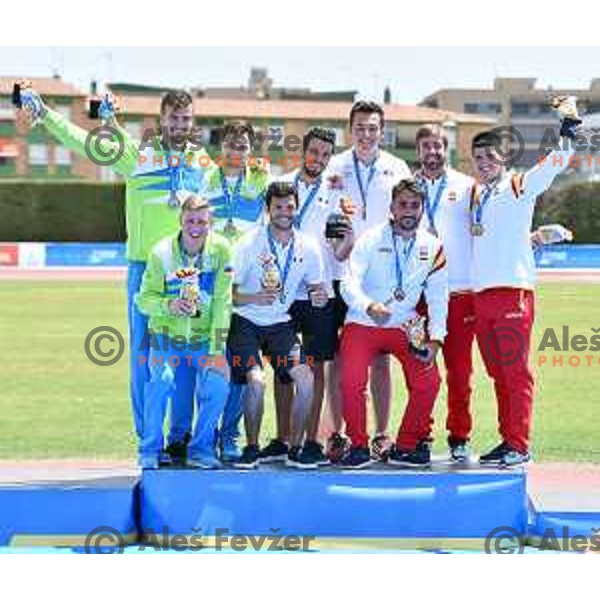 Den Habjan Malavasic, Gasper Strajhar and Rok Bizjak of Slovenia, silver medalists in Archery team event during second day of 18. Mediteranean Games Tarragona 2018 (Sredozemske Igre) in Spain on June 24, 2018
