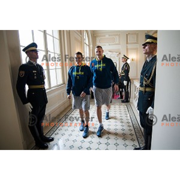 Jaka Lakovic, Rado Trifunovic of the Slovenian basketball team at the presentation of the Golden Order of Slovenia, Presidential palace, Ljubljana, Slovenia