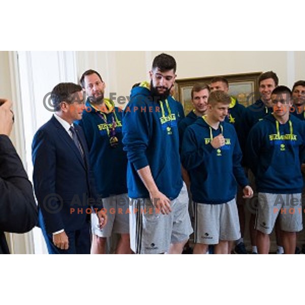Borut Pahor and the Slovenian basketball team at the presentation of the Golden Order of Slovenia, Presidential palace, Ljubljana, Slovenia