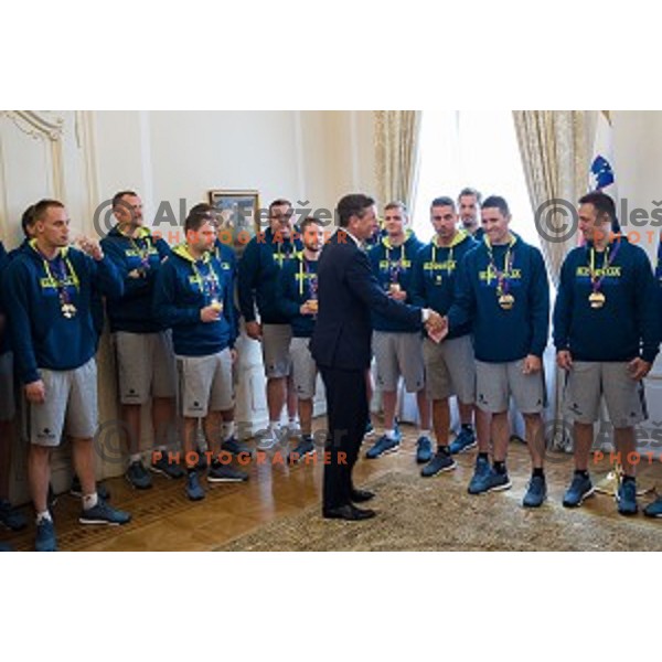 Borut Pahor and the Slovenian basketball team at the presentation of the Golden Order of Slovenia, Presidential palace, Ljubljana, Slovenia