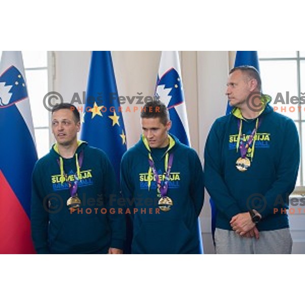 Aleksandar Selukic, Jaka Lakovic, Rado Trifunovic of the Slovenian basketball team at the presentation of the Golden Order of Slovenia, Presidential palace, Ljubljana, Slovenia