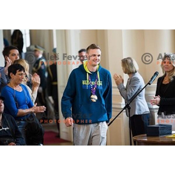 Jaka Lenart of the Slovenian basketball team at the presentation of the Golden Order of Slovenia, Presidential palace, Ljubljana, Slovenia