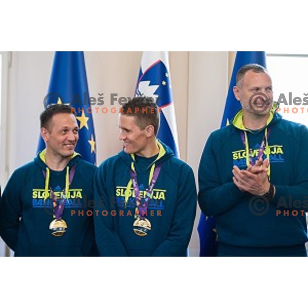 Aleksandar Selukic, Jaka Lakovic, Rado Trifunovic of the Slovenian basketball team at the presentation of the Golden Order of Slovenia, Presidential palace, Ljubljana, Slovenia