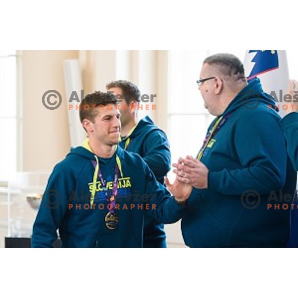 Aleksej Nikolic of the Slovenian basketball team at the presentation of the Golden Order of Slovenia, Presidential palace, Ljubljana, Slovenia