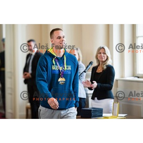 Klemen Prepelic of the Slovenian basketball team at the presentation of the Golden Order of Slovenia, Presidential palace, Ljubljana, Slovenia