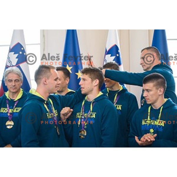 Klemen Prepelic, Aleksej Nikolic of the Slovenian basketball team at the presentation of the Golden Order of Slovenia, Presidential palace, Ljubljana, Slovenia