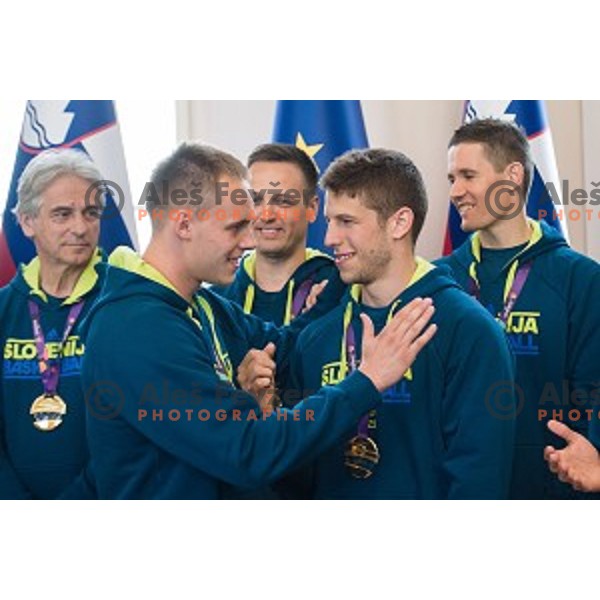 Klemen Prepelic, Aleksej Nikolic of the Slovenian basketball team at the presentation of the Golden Order of Slovenia, Presidential palace, Ljubljana, Slovenia