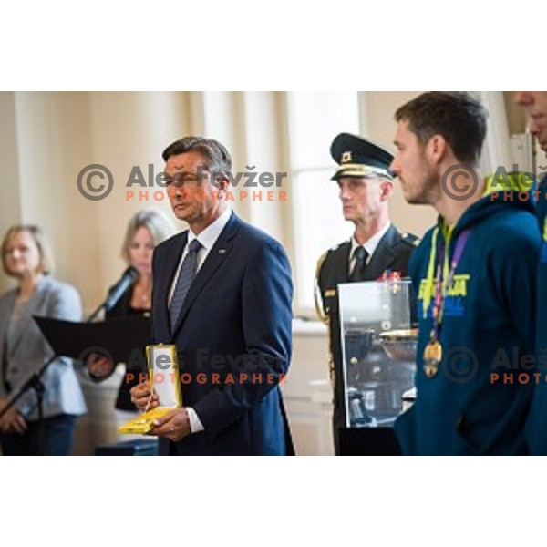 Borut Pahor and the Slovenian basketball team at the presentation of the Golden Order of Slovenia, Presidential palace, Ljubljana, Slovenia