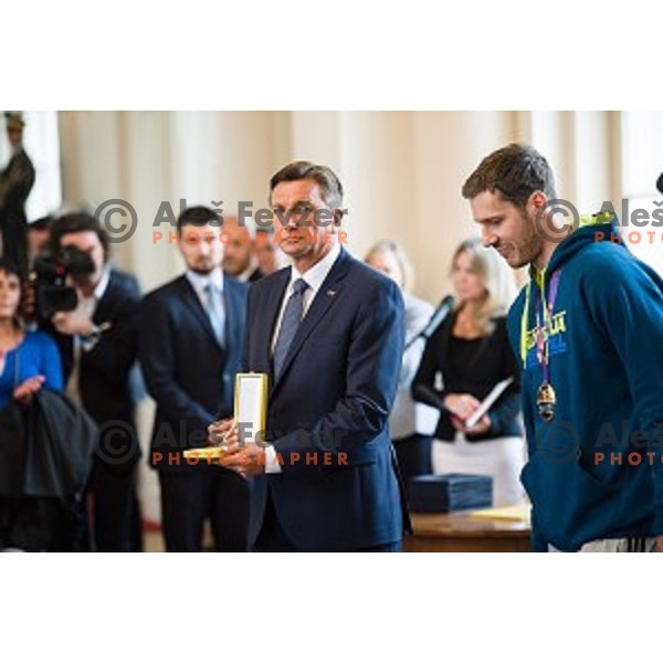Borut Pahor and the Slovenian basketball team at the presentation of the Golden Order of Slovenia, Presidential palace, Ljubljana, Slovenia