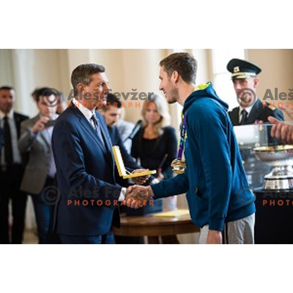 Borut Pahor and Goran Dragic of the Slovenian basketball team at the presentation of the Golden Order of Slovenia, Presidential palace, Ljubljana, Slovenia