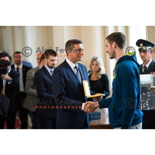 Borut Pahor and Goran Dragic of the Slovenian basketball team at the presentation of the Golden Order of Slovenia, Presidential palace, Ljubljana, Slovenia