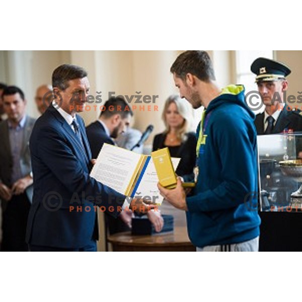 Borut Pahor and Goran Dragic of the Slovenian basketball team at the presentation of the Golden Order of Slovenia, Presidential palace, Ljubljana, Slovenia