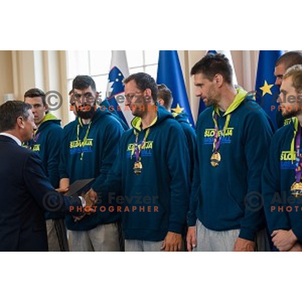 Borut Pahor and Sasa Zagorac of the Slovenian basketball team at the presentation of the Golden Order of Slovenia, Presidential palace, Ljubljana, Slovenia