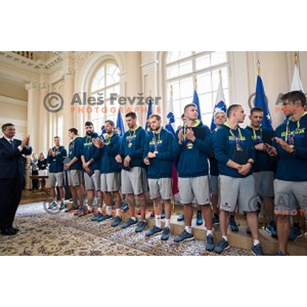 Borut Pahor and the Slovenian basketball team at the presentation of the Golden Order of Slovenia, Presidential palace, Ljubljana, Slovenia