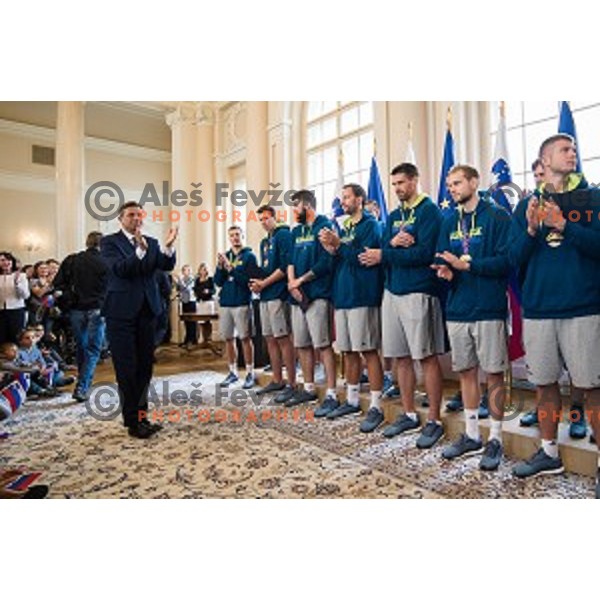 Borut Pahor and the Slovenian basketball team at the presentation of the Golden Order of Slovenia, Presidential palace, Ljubljana, Slovenia
