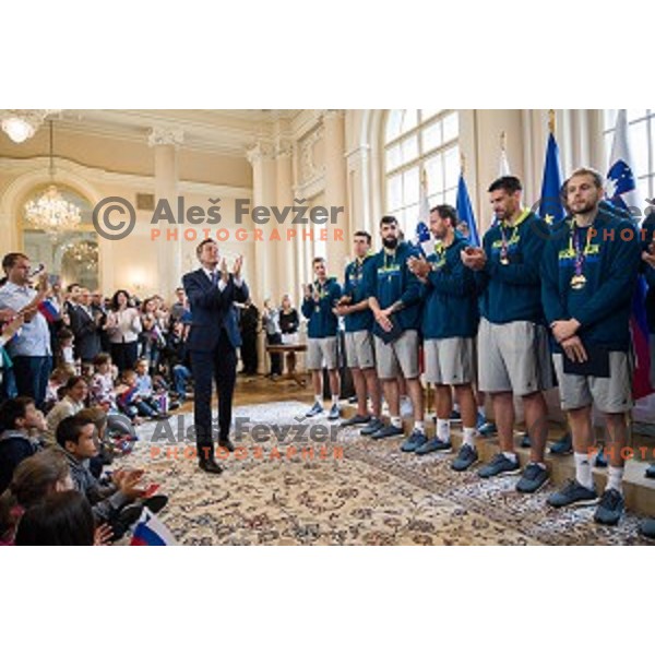 Borut Pahor and the Slovenian basketball team at the presentation of the Golden Order of Slovenia, Presidential palace, Ljubljana, Slovenia