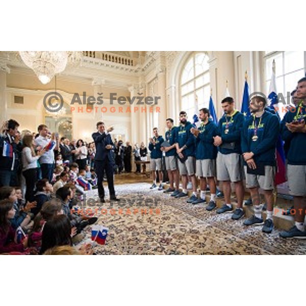 Borut Pahor and the Slovenian basketball team at the presentation of the Golden Order of Slovenia, Presidential palace, Ljubljana, Slovenia