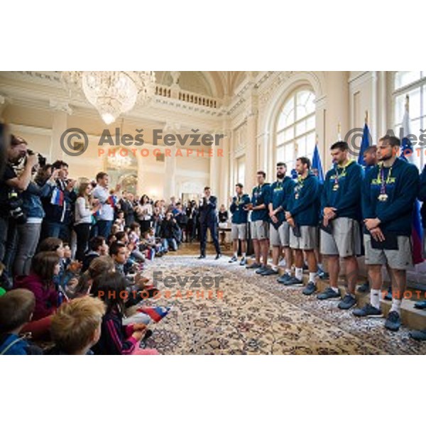 Borut Pahor and the Slovenian basketball team at the presentation of the Golden Order of Slovenia, Presidential palace, Ljubljana, Slovenia