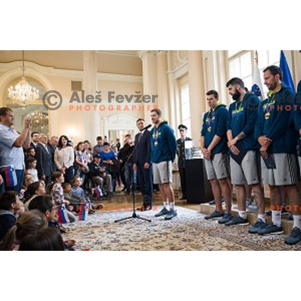 Borut Pahor and the Slovenian basketball team at the presentation of the Golden Order of Slovenia, Presidential palace, Ljubljana, Slovenia