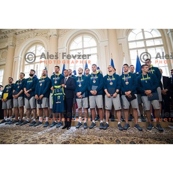 Borut Pahor and the Slovenian basketball team at the presentation of the Golden Order of Slovenia, Presidential palace, Ljubljana, Slovenia
