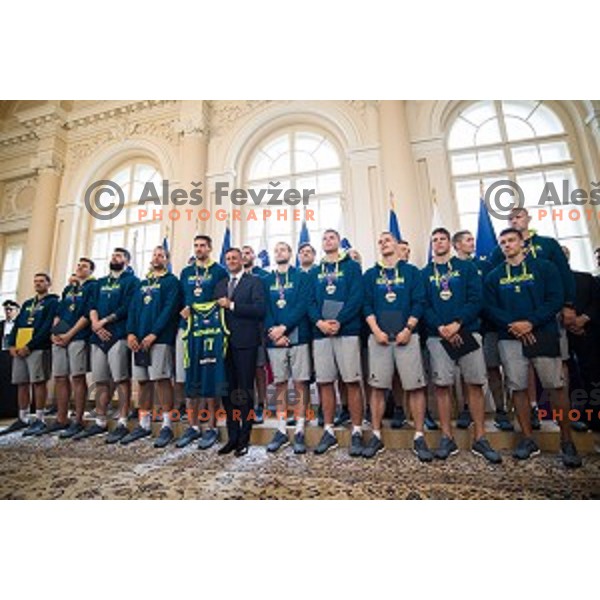 Borut Pahor and the Slovenian basketball team at the presentation of the Golden Order of Slovenia, Presidential palace, Ljubljana, Slovenia