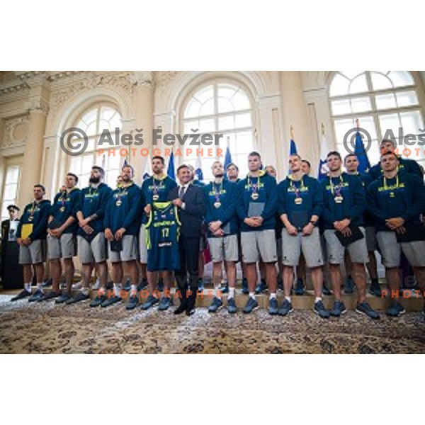 Borut Pahor and the Slovenian basketball team at the presentation of the Golden Order of Slovenia, Presidential palace, Ljubljana, Slovenia