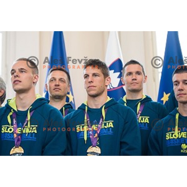 Klemen Prepelic, Aleksej Nikolic, Matic Rebec of the Slovenian basketball team at the presentation of the Golden Order of Slovenia, Presidential palace, Ljubljana, Slovenia