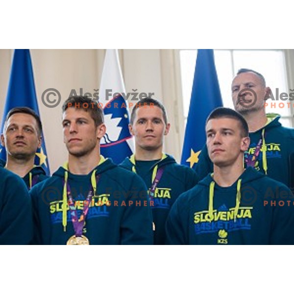 Aleksandar Sekulic, Jaka Lakovic, Rado Trifunovic of the Slovenian basketball team at the presentation of the Golden Order of Slovenia, Presidential palace, Ljubljana, Slovenia