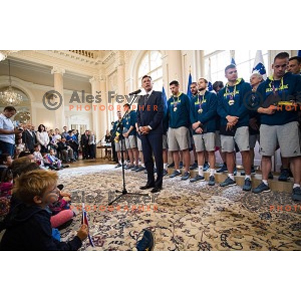 Borut Pahor and the Slovenian basketball team at the presentation of the Golden Order of Slovenia, Presidential palace, Ljubljana, Slovenia